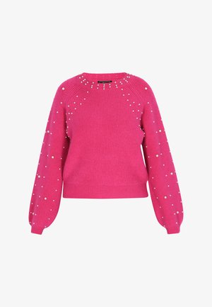 Fuchsia sweater with ribbed texture, featuring pearl embellishments on shoulders and sleeves, and a crew neckline. Cropped fit.