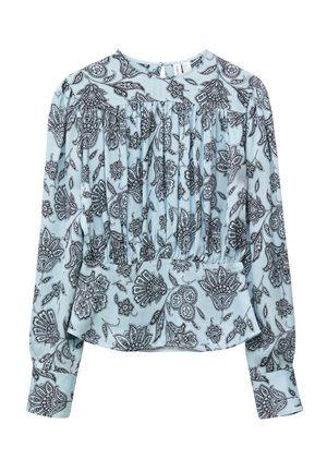 Šviesiai mėlyna palaidinė su juoda ir balta gėlių raštu, ilgomis rankovėmis, su raukšlėtu priekiniu juosmeniu ir užsegamais rankogaliais.