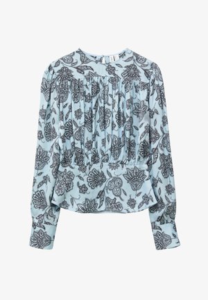 Šviesiai mėlyna palaidinė su juoda ir balta gėlių raštu, ilgomis rankovėmis, su raukšlėtu priekiniu juosmeniu ir užsegamais rankogaliais.