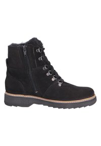 Bottines en daim noir avec doublure en fourrure, fermeture à lacets et à zip, bout arrondi et semelle en caoutchouc durable avec un bord surpiqué contrastant.