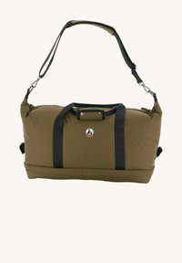 Borsa da viaggio rettangolare verde oliva con manici neri e tracolla regulabile, con un piccolo logo circolare sul davanti.