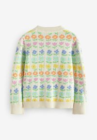 Strickpullover mit einem floralen Muster in Pastellfarben auf einem cremefarbenen Hintergrund. Rippbündchen und -saum sorgen für Struktur.