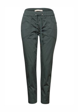 Joggers in cotone misto verde scuro con vita elasticizzata, cordoncino e tasche laterali. Design a gamba affusolata con una texture liscia.