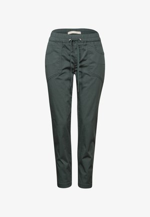 Tmavě zelené joggers vyrobené z bavlněné směsi s elastickým pasem, stahovací šňůrkou a bočními kapsami. Kónický střih nohavic s hladkou texturou.