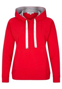 Sweat à capuche rouge avec poche kangourou à l'avant, cordons blancs imprimés avec "CASUAL IDENTITY", et doublure de capuche grise.