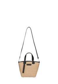Borsa a tracolla in paglia tessuta color beige con dettagli in pelle nera, dotata di manici doppi e una tracolla rimovibile. Design a tote strutturato.