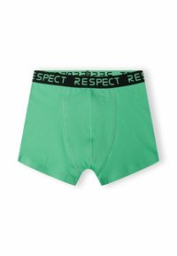 Boxeri scurți din bumbac verde cu un elastic negru pe care este imprimat cu litere îndrăznețe cuvântul "RESPECT". Textură netedă, design ajustat.