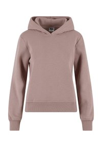 Sudadera con capucha en color malva, de manga larga, con puños y dobladillo acanalados, y un corte holgado, sin logos ni diseños visibles.