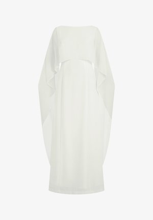 Witte jurk tot op de vloer met brede, vloeiende capemouwen en een vierkante halslijn, ontworpen voor formele of ceremoniële gelegenheden.