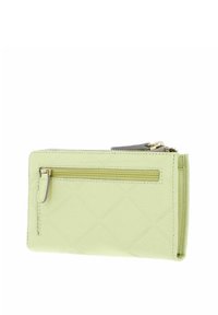 Green quilted wallet made of textured leather featuring a zip pocket, gold hardware, and a slim profile.
