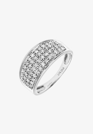 Silver ring with a smooth surface and a wide band, featuring clusters of small diamonds arranged in a dotted pattern.