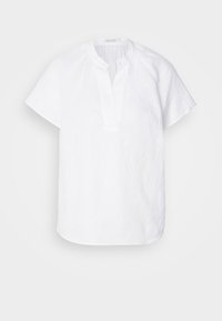 Chemise blanche en lin à manches courtes avec col montant, patte de boutonnage fendue sur le devant et ourlet arrondi. Tissu texturé au léger effet froissé.