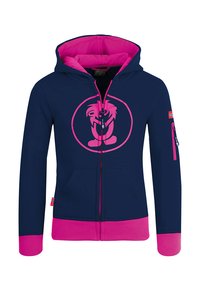 Marineblaue Zip-Hoodie mit rosa Akzenten, featuring ein rundes Logo, Kängurutasche und kontrastierende Rippbündchen und -saum.