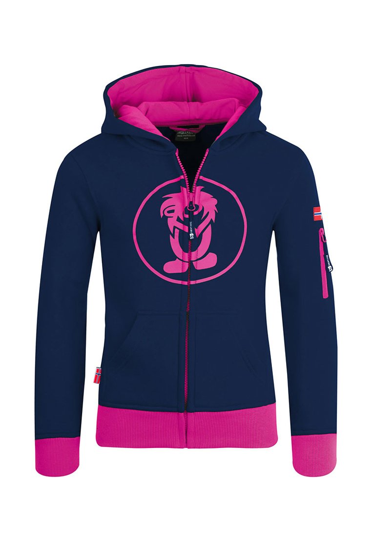 Marineblaue Zip-Hoodie mit rosa Akzenten, featuring ein rundes Logo, Kängurutasche und kontrastierende Rippbündchen und -saum.
