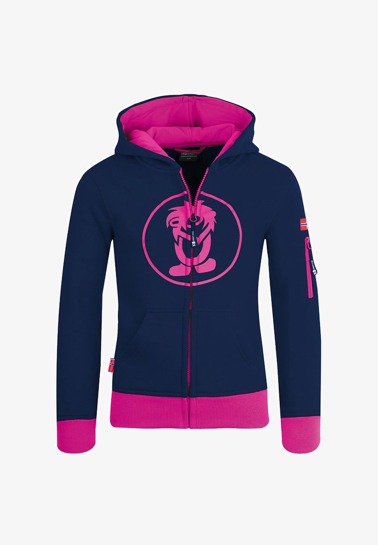Marineblaue Zip-Hoodie mit rosa Akzenten, featuring ein rundes Logo, Kängurutasche und kontrastierende Rippbündchen und -saum.