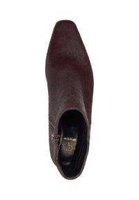 Dark burgundy ankle boot with a pointed toe, soft textured surface, side zipper closure, and black interior lining featuring a gold logo.