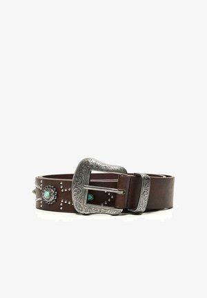 Brown leather belt with engraved silver buckle, turquoise stone studs, and decorative metal accents rolled on white background.