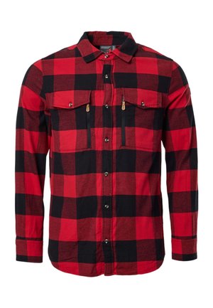 Koszula flanelowa w czerwono-czarną kratę z długim rękawem, zapinana na guziki z przodu, z dwoma kieszeniami na piersi z patkami i guzikami oraz dwoma pionowymi kieszeniami na zamek.