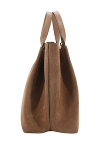 Brown suede handbag with leather handles, structured shape, top zipper closure, and visible stitching detail along the seams.