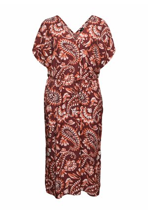 Midi ruha V-nyakkal, rövid ujjal és állítható derékpánttal, narancs-fehér virágos és paisley mintával sötétvörös alapon.