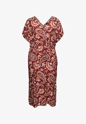 Vestito midi con scollo a V, maniche corte e cintura regolabile in vita, caratterizzato da un motivo floreale e paisley arancione e bianco su sfondo rosso scuro.