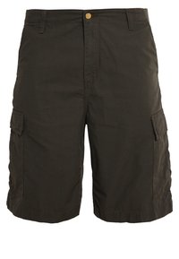 Shorts cargo marron foncé avec fermeture à boutons à l'avant, passants pour ceinture et poches à rabat des deux côtés.