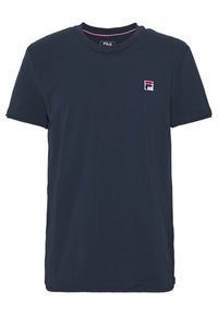 Granatowa bawełniana koszulka z okrągłym dekoltem i krótkimi rękawami. Posiada małe haftowane logo na lewej piersi.