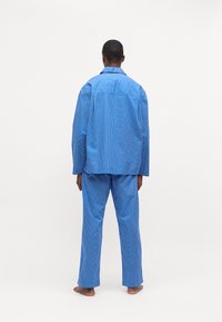 Set de pijama în carouri albastre, format dintr-o bluză lejeră cu mânecă lungă și pantaloni asortați, ambele având modele în grilaj și o textură fină.