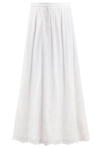 Jupe blanche longue avec broderie florale subtile et taille ajustée.