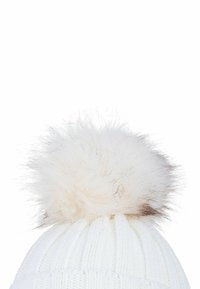 White knit beanie with ribbed texture, featuring a large faux fur pom-pom at the top, blending shades of white and light beige.