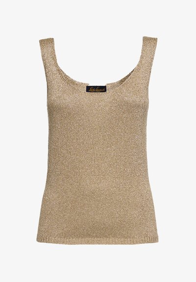 Goldener, ärmelloser Strickoberteil mit rundem Ausschnitt. Hergestellt aus einem glänzenden, strukturierten Stoff. Verfügt über breite Träger und eine enganliegende Silhouette.
