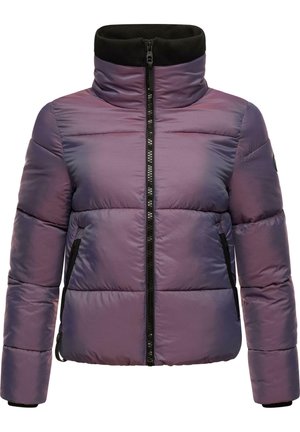  Gewatteerde jas in verloopkleuren van paars, met een hoge hals, zwarte rits en zijzakken. Heeft een gevoerd textuur en elastische manchetten.