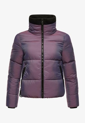 Gewatteerde jas in verloopkleuren van paars, met een hoge hals, zwarte rits en zijzakken. Heeft een gevoerd textuur en elastische manchetten.