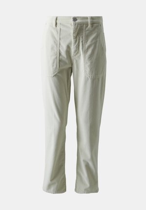 Lys grønne corduroy bukser med lige snit, der har frontlommer og knaplukning. Tekstureret stof med lodret ribbing.