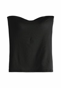 Svart strapless topp i slät tyg. Den har en rak halsringning och en figurnära passform, utan synliga mönster eller utsmyckningar.