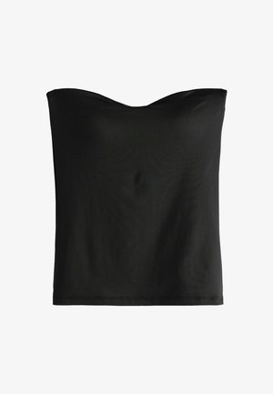 Top negru fără bretele, dintr-un material neted, cu un croi mulat. Decolteul este drept, iar tivul este cusut ordonat, fără modele.