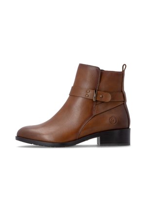 Brown leather ankle boot with a low block heel, strap and buckle detail, and a logo embossed on the side.