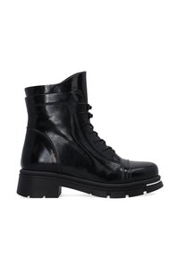 Schwarze Ankle Boots aus glänzendem Leder, mit runder Zehenpartie, Schnürung vorne und dicker Sohle mit leichtem Absatz.