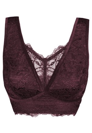 Burgundy lace bralette with wide straps and a v-neck design. Features floral lace pattern and a soft, textured finish. No underwire.