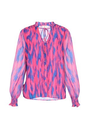 Permatomo marškiniai su raukinėliais aplink kaklą, pūstomis ilgomis rankovėmis ir ryškiu rožiniu bei mėlynu abstrakčiu raštu. Uždarymas priekyje su mygtukais.