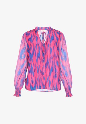 Bluză transparentă cu guler volanat, mâneci lungi puff și un model abstract vibrant în nuanțe de roz și albastru. Închidere cu nasturi în față.