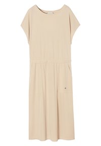 Béžové šaty s krátkým rukávem vyrobené z měkké tkaniny, s nastavovací šňůrkou v pase, bočními kapsami a malým logem na přední straně.