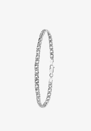Zilveren schakelarmband met elkaar verstrengelde schakels, een gladde textuur en een veilige sluiting. Ronde vorm met een gepolijste afwerking.