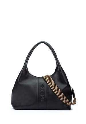 Sac à main en cuir noir avec deux poignées, logo "PIKOLINOS" embossé, et bandoulière amovible rayée en noir, beige et marron.