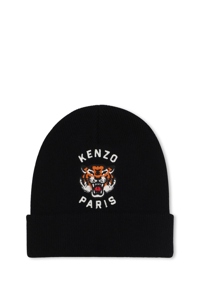 Czarna czapka dzianinowa z haftowanym pomarańczowym wzorem tygrysa w białe akcenty oraz tekstem "KENZO PARIS" w pogrubionych literach.