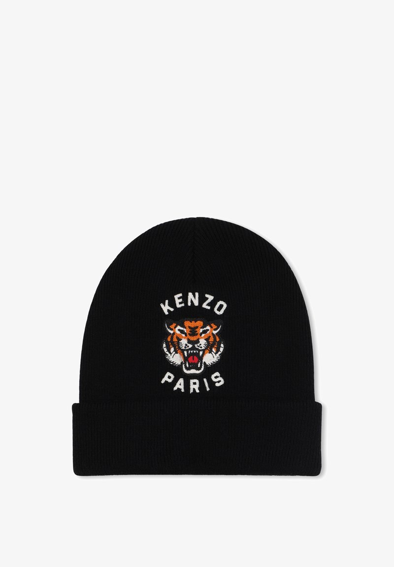 Zwarte gebreide beanie met een geborduurde oranje tijgerafbeelding met witte accenten en de tekst "KENZO PARIS" in vette letters.