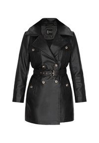 Zwarte leren trenchcoat met een dubbelzijdige ontwerp, grote revers, voorzakken, knopjes in goudkleur en een bijpassende riem.