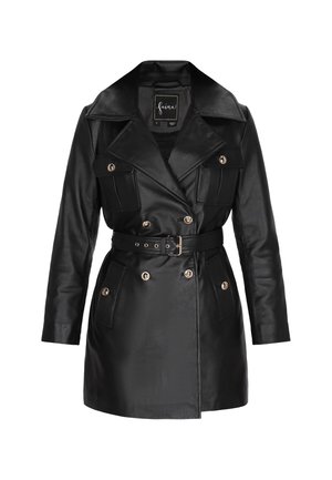 Black leather trench coat featuring a double-breasted design, large lapel, front pockets, gold-tone buttons, and a matching belt.