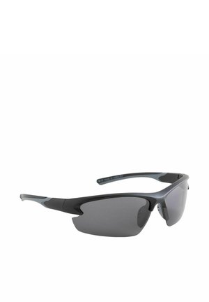 Black and gray wraparound sports sunglasses with semi-rimless dark tinted lenses and curved temples.