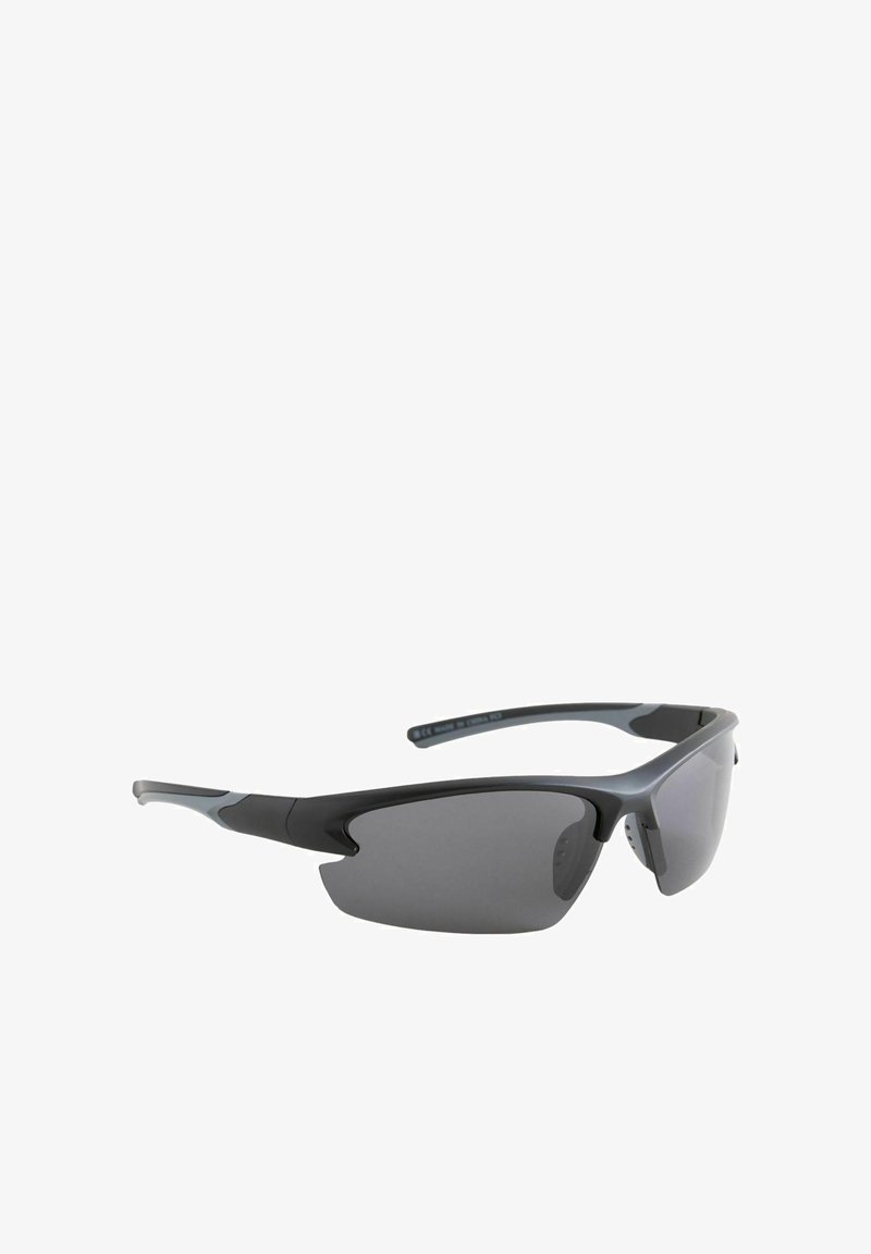 Schwarz-graue, umschließende Sportsonnenbrille mit halbrandlosen, dunkel getönten Gläsern und gebogenen Bügeln.
